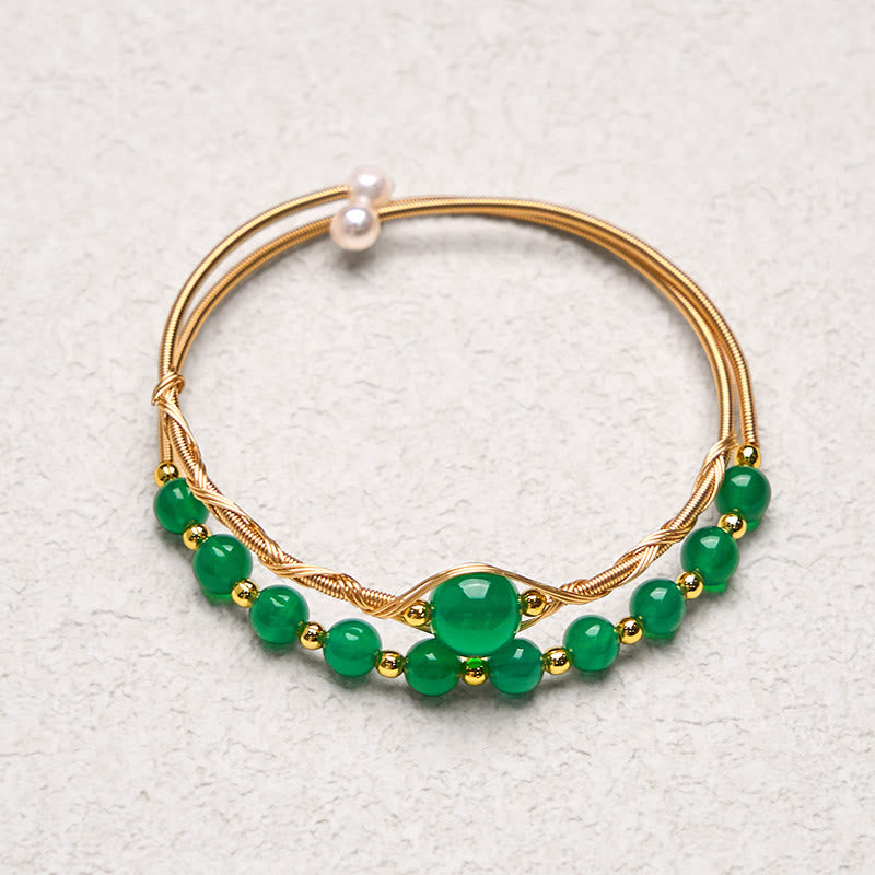 Buddha Stones 14K Gold Filled Copper Natural Green Agate Power Metal Cuff Bracelet Bangle - image 3
