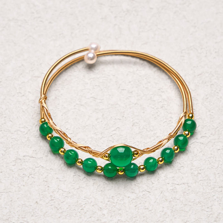 Buddha Stones 14K Gold Filled Copper Natural Green Agate Power Metal Cuff Bracelet Bangle - image 3