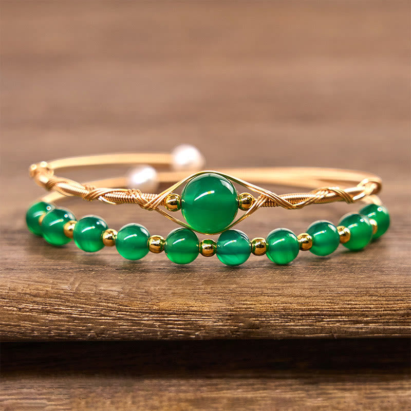 Buddha Stones 14K Gold Filled Copper Natural Green Agate Power Metal Cuff Bracelet Bangle - image 1