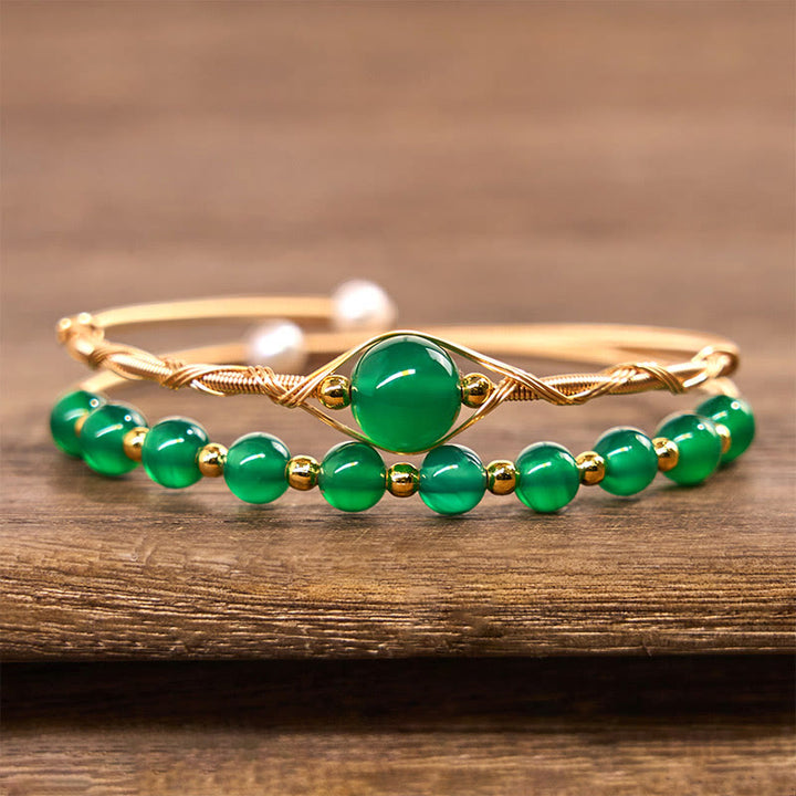 Buddha Stones 14K Gold Filled Copper Natural Green Agate Power Metal Cuff Bracelet Bangle - image 1