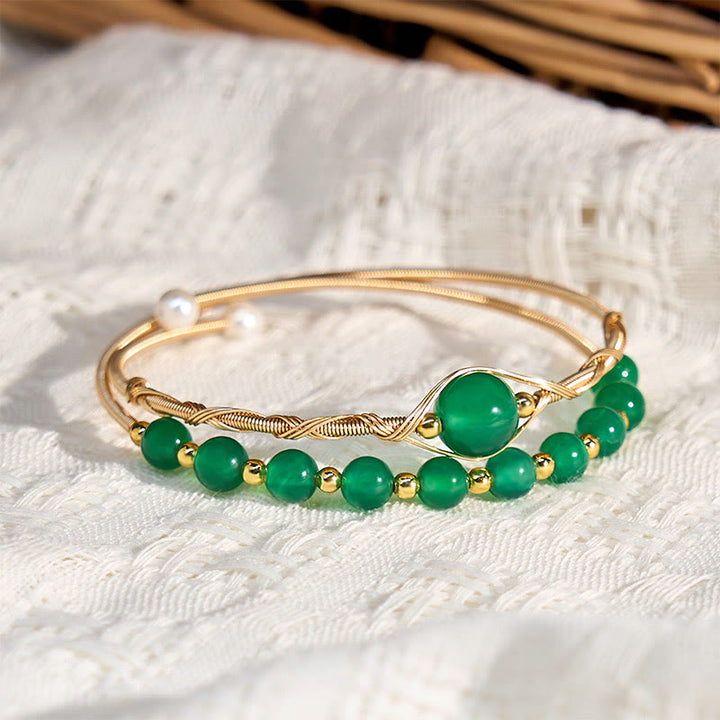Buddha Stones 14K Gold Filled Copper Natural Green Agate Power Metal Cuff Bracelet Bangle - image 2