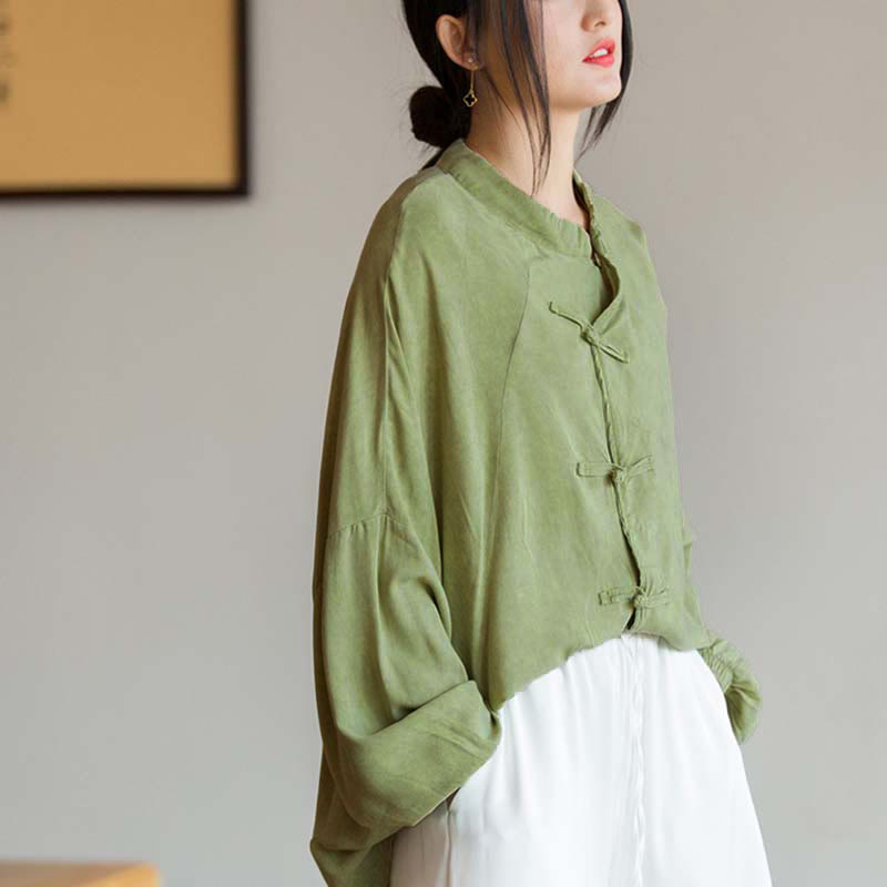 Buddha Stones Frog-Button Long Sleeve Shirt Zen Tai Chi Meditation Top Hanfu Clothing Jacket - Green(Bust 162cm)(Top Only) - image 11