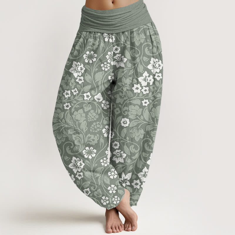 Buddha Stones Pure Cotton Small Flowers Intertwining Branches Women's Elastic Waist Harem Pants - DarkSeaGreen - US22，UK/AU26，EU54 (6XL) - image 0