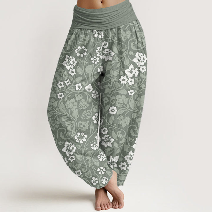 Buddha Stones Pure Cotton Small Flowers Intertwining Branches Women's Elastic Waist Harem Pants - DarkSeaGreen - US22，UK/AU26，EU54 (6XL) - image 0
