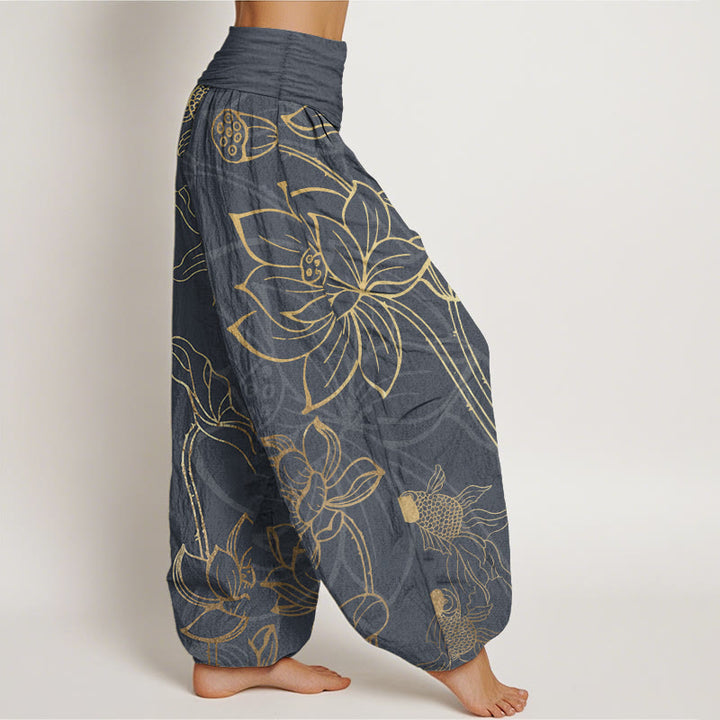 Buddha Stones Pure Cotton Lotus Leaf Koi Fish Women's Elastic Waist Harem Pants - image 2
