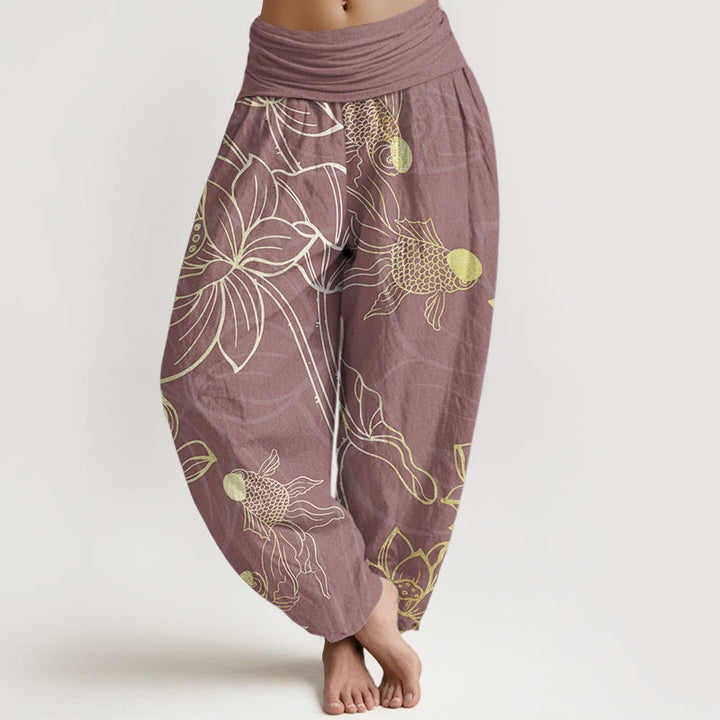 Buddha Stones Pure Cotton Lotus Leaf Koi Fish Women's Elastic Waist Harem Pants - PaleVioletRed - US22，UK/AU26，EU54 (6XL) - image 6