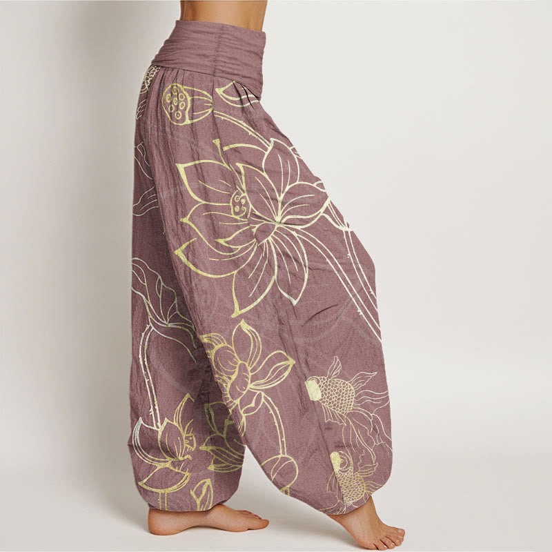 Buddha Stones Pure Cotton Lotus Leaf Koi Fish Women's Elastic Waist Harem Pants - image 8