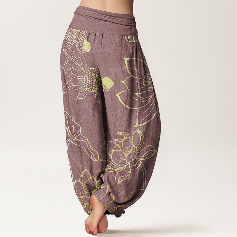 Buddha Stones Pure Cotton Lotus Leaf Koi Fish Women's Elastic Waist Harem Pants - image 7