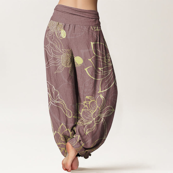 Buddha Stones Pure Cotton Lotus Leaf Koi Fish Women's Elastic Waist Harem Pants - image 7
