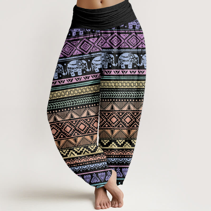 Buddha Stones Pure Cotton Casual Elephant Geometric Figure Women's Elastic Waist Harem Pants - Black - US22，UK/AU26，EU54 (6XL) - image 0