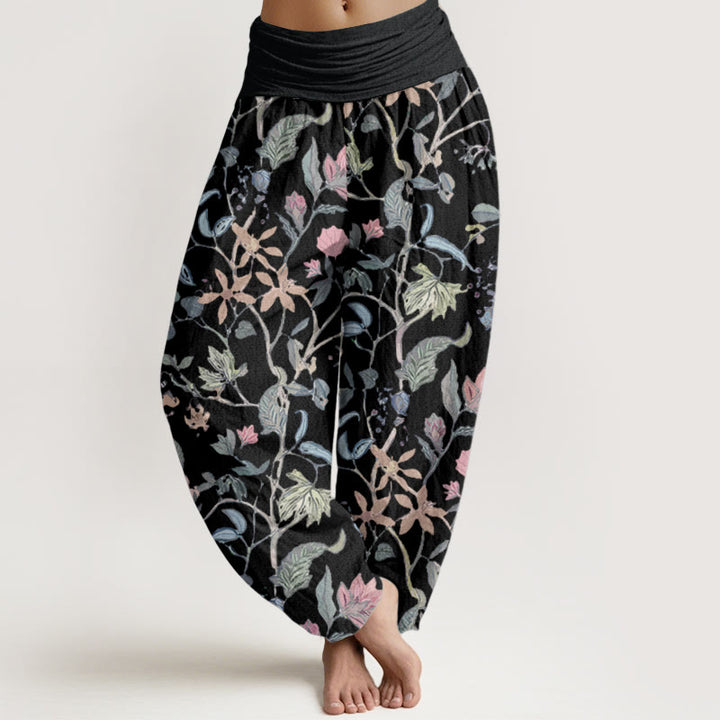 Buddha Stones Pure Cotton Floral Leaf Vine Design Women's Elastic Waist Harem Pants - Black - US22，UK/AU26，EU54 (6XL) - image 8