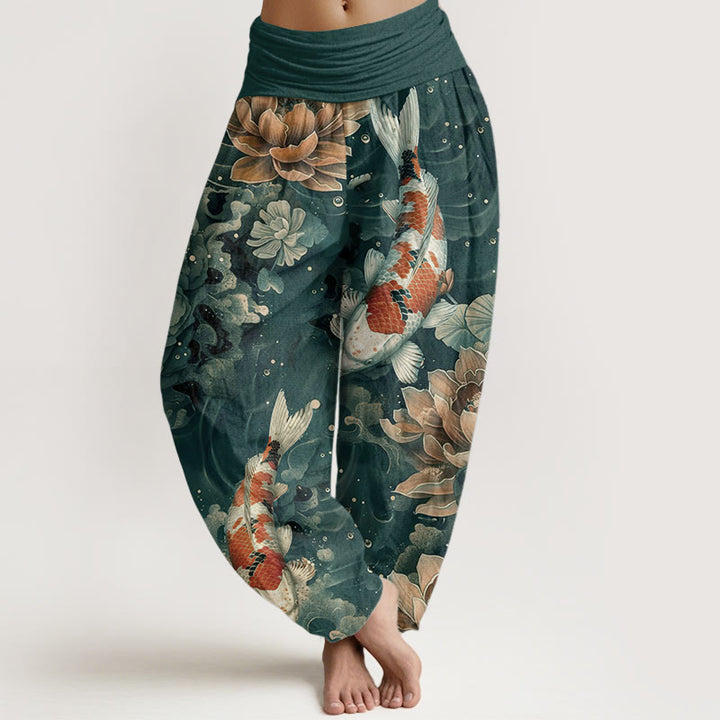 Buddha Stones Pure Cotton Colorful Koi Fish Lotus Flowers Design Women's Elastic Waist Harem Pants - LightSeaGreen - US22，UK/AU26，EU54 (6XL) - image 0