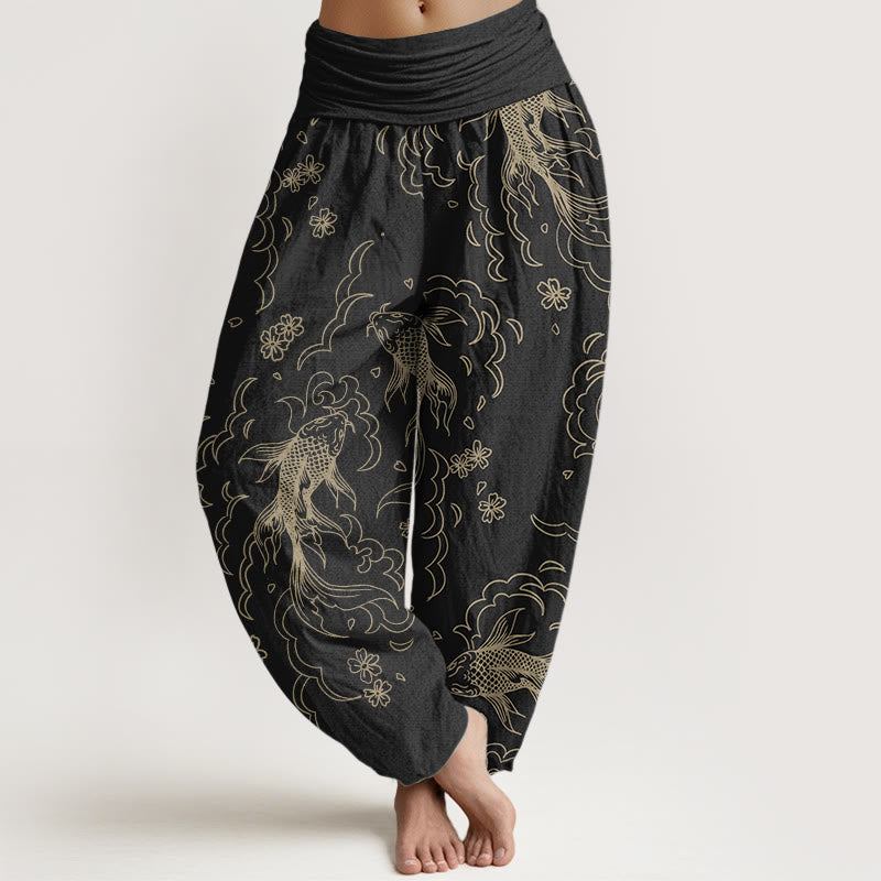 Buddha Stones Pure Cotton Casual Koi Fish Waves And Petal Line Pattern Women's Elastic Waist Harem Pants - Black - US22，UK/AU26，EU54 (6XL) - image 0