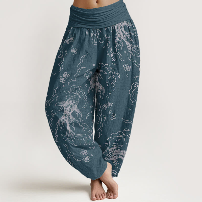 Buddha Stones Pure Cotton Casual Koi Fish Waves And Petal Line Pattern Women's Elastic Waist Harem Pants - SteelBlue - US22，UK/AU26，EU54 (6XL) - image 8