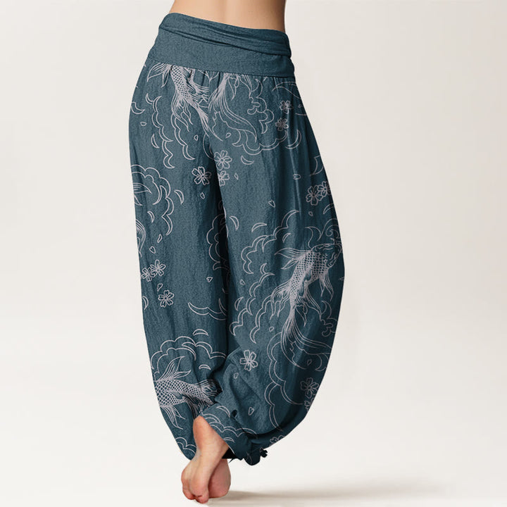 Buddha Stones Pure Cotton Casual Koi Fish Waves And Petal Line Pattern Women's Elastic Waist Harem Pants - image 9