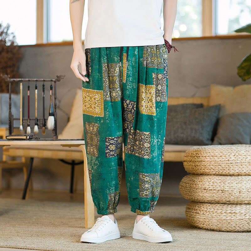 Buddha Stones Summer Square Patchwork Cotton Linen Men's Ankle-Length Harem Pants With Pockets - image 19