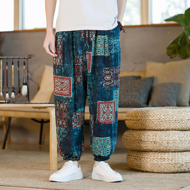 Buddha Stones Summer Square Patchwork Cotton Linen Men's Ankle-Length Harem Pants With Pockets - image 32