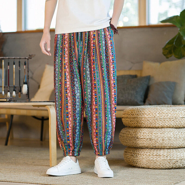Buddha Stones Colorful Stripes Cotton Linen Men's Ankle-Length Harem Pants With Pockets - LightBlue - US/UK/AU46，EU56 (5XL) - image 19