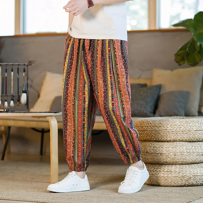 Buddha Stones Colorful Stripes Cotton Linen Men's Ankle-Length Harem Pants With Pockets - image 12