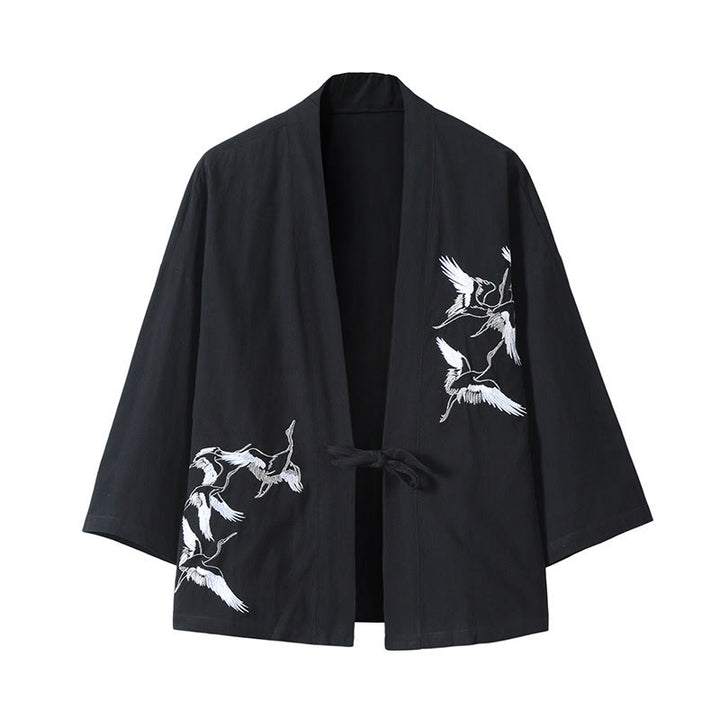 Buddha Stones Embroidery Flying White Cranes Cotton Linen Open Front Jacket Men's Kimono - Black - US/UK/AU46，EU56 (5XL) - image 13