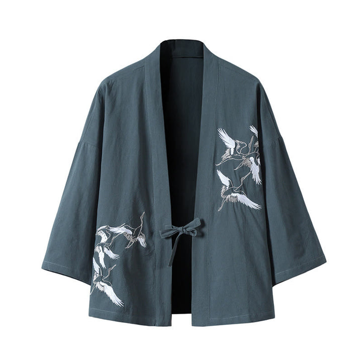 Buddha Stones Embroidery Flying White Cranes Cotton Linen Open Front Jacket Men's Kimono - CadetBlue - US/UK/AU46，EU56 (5XL) - image 0