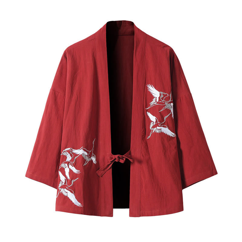 Buddha Stones Embroidery Flying White Cranes Cotton Linen Open Front Jacket Men's Kimono - Red - US/UK/AU46，EU56 (5XL) - image 2