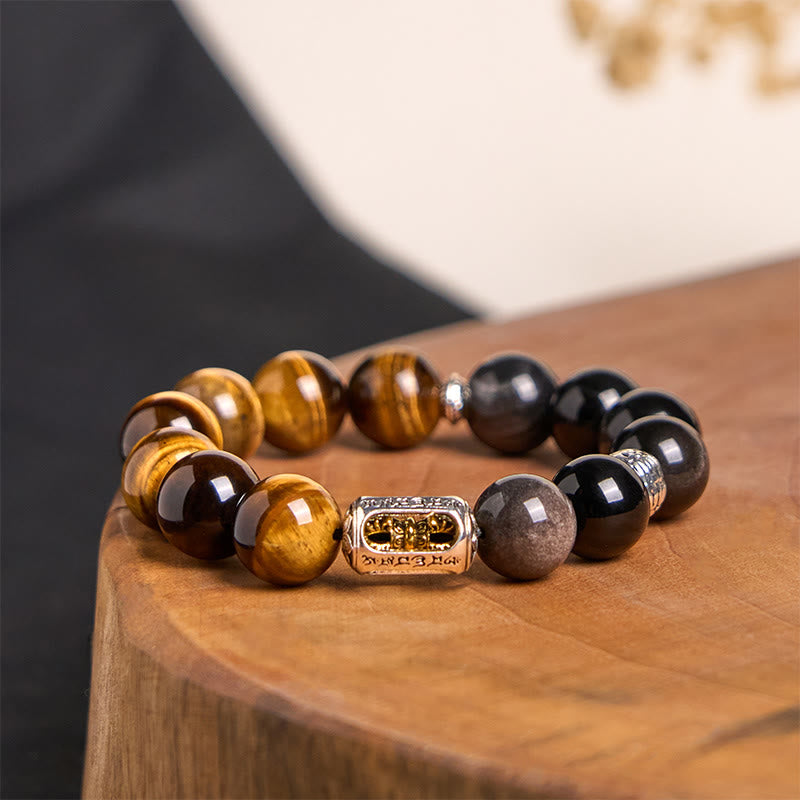 Buddha Stones Natural Silver Sheen Obsidian Tiger Eye Vajra Protection Bracelet - Silver Sheen Obsidian & Tiger Eye(Wrist Circumference: 8.3-8.7in(21-22cm)) - image 0