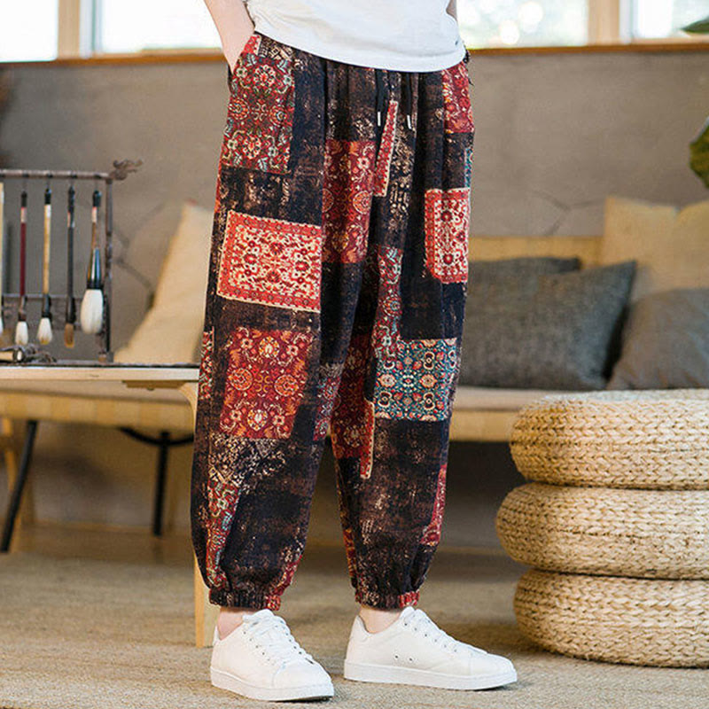 Buddha Stones Summer Square Patchwork Cotton Linen Men's Ankle-Length Harem Pants With Pockets - image 4