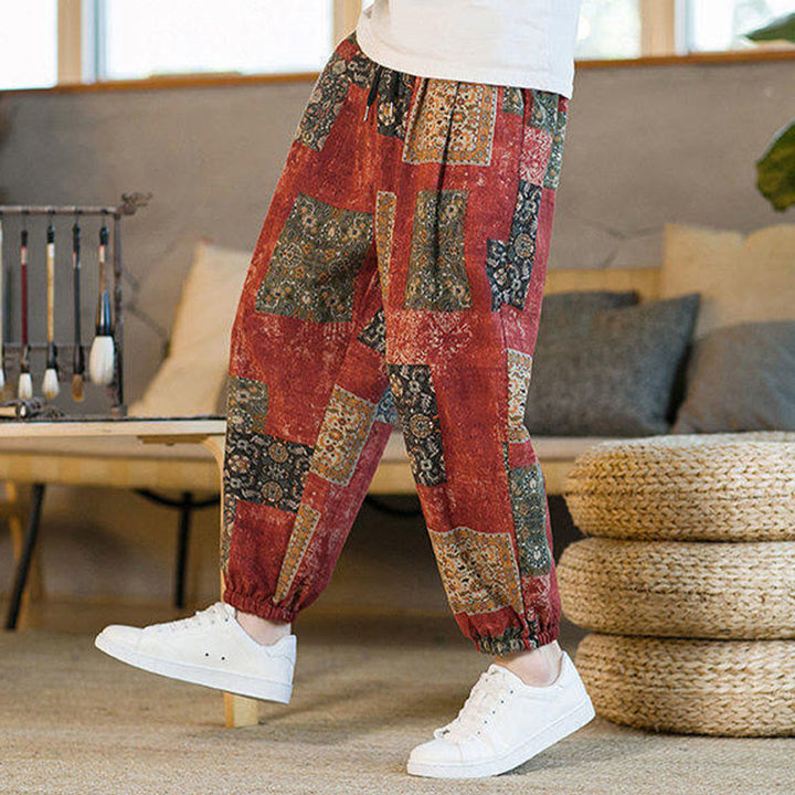 Buddha Stones Summer Square Patchwork Cotton Linen Men's Ankle-Length Harem Pants With Pockets - image 15