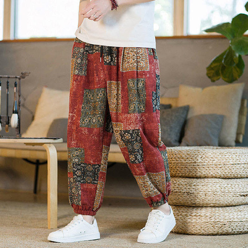 Buddha Stones Summer Square Patchwork Cotton Linen Men's Ankle-Length Harem Pants With Pockets - image 11