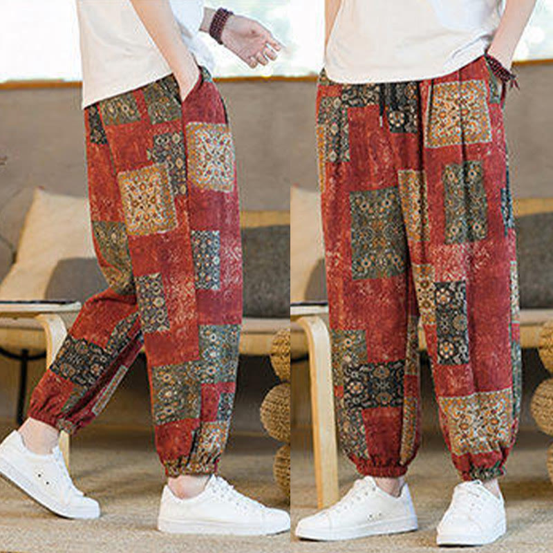 Buddha Stones Summer Square Patchwork Men's Ankle-Length Harem Pants With Pockets - image 17