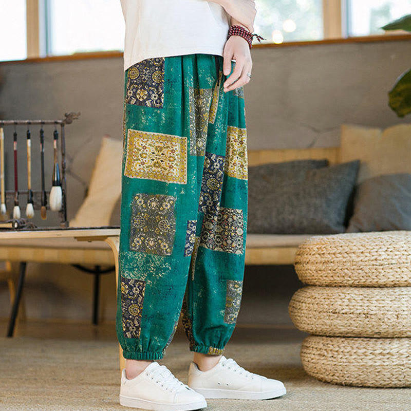Buddha Stones Summer Square Patchwork Cotton Linen Men's Ankle-Length Harem Pants With Pockets - image 23