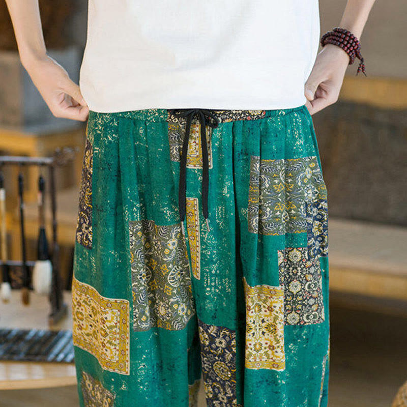 Buddha Stones Summer Square Patchwork Cotton Linen Men's Ankle-Length Harem Pants With Pockets - image 26