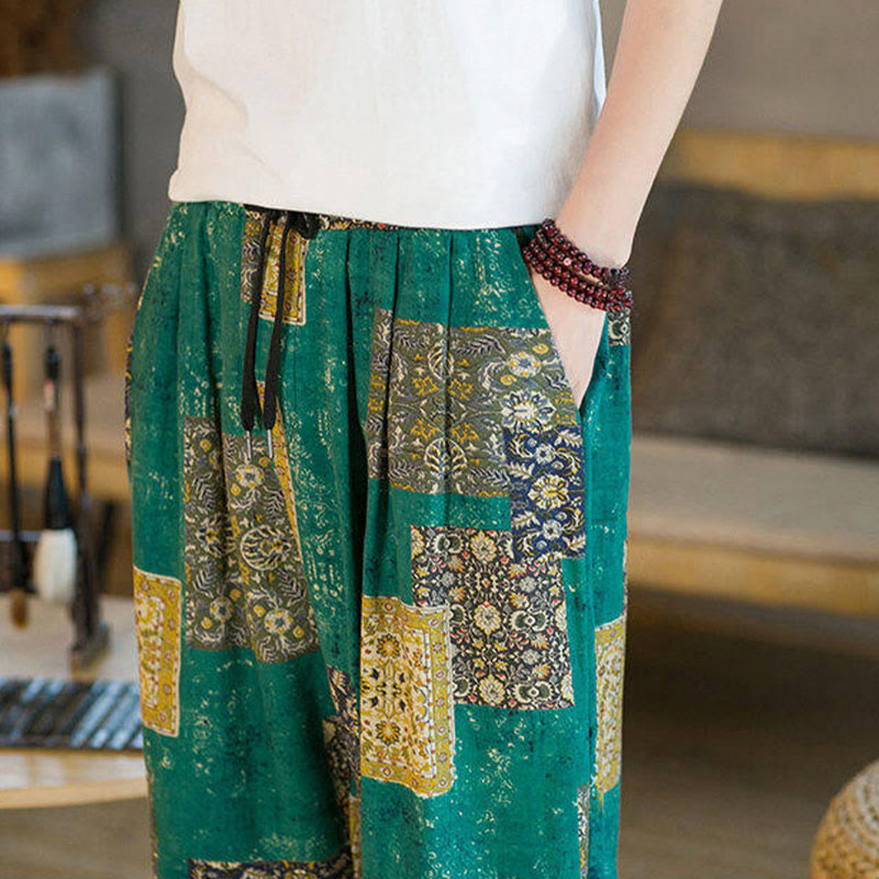 Buddha Stones Summer Square Patchwork Cotton Linen Men's Ankle-Length Harem Pants With Pockets - image 27