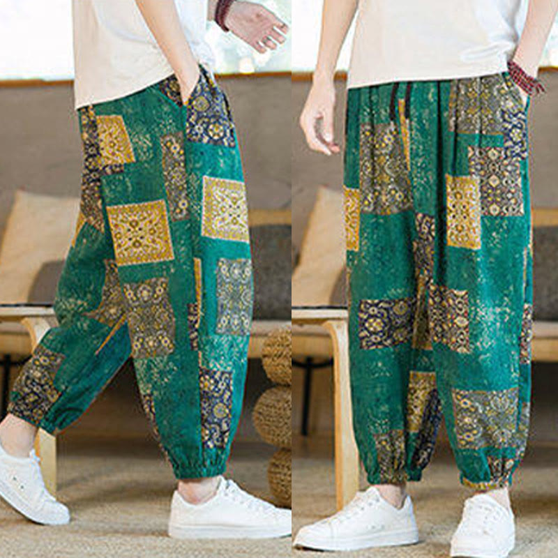 Buddha Stones Summer Square Patchwork Cotton Linen Men's Ankle-Length Harem Pants With Pockets - image 30