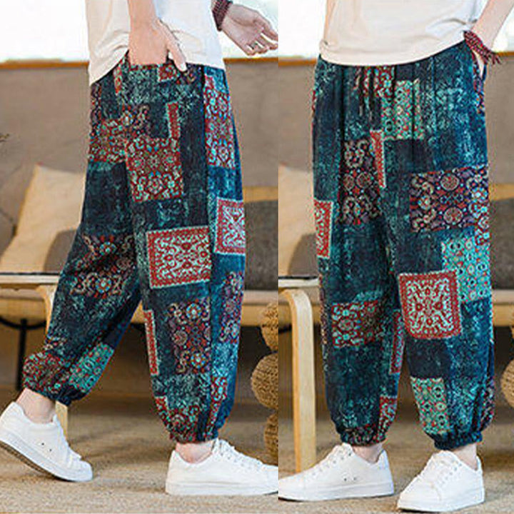 Buddha Stones Summer Square Patchwork Cotton Linen Men's Ankle-Length Harem Pants With Pockets - image 38