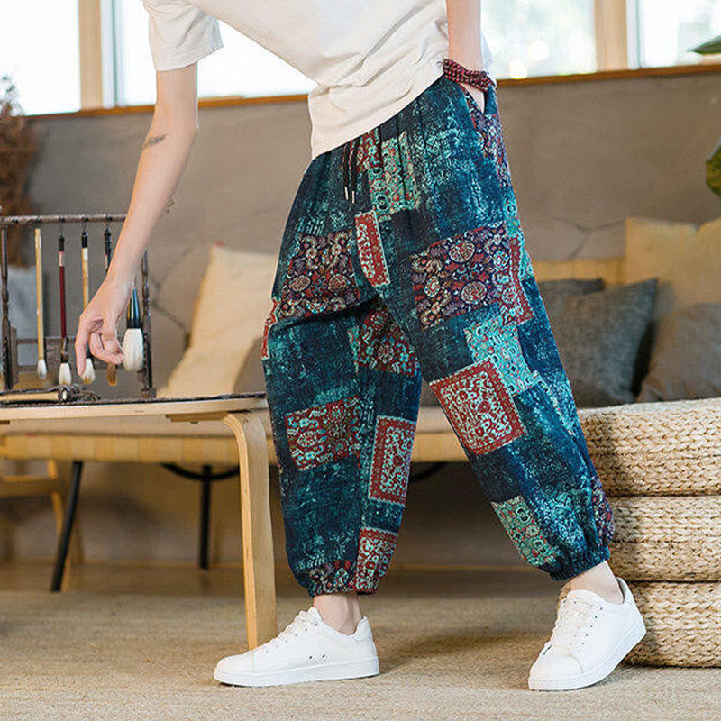 Buddha Stones Summer Square Patchwork Cotton Linen Men's Ankle-Length Harem Pants With Pockets - image 36