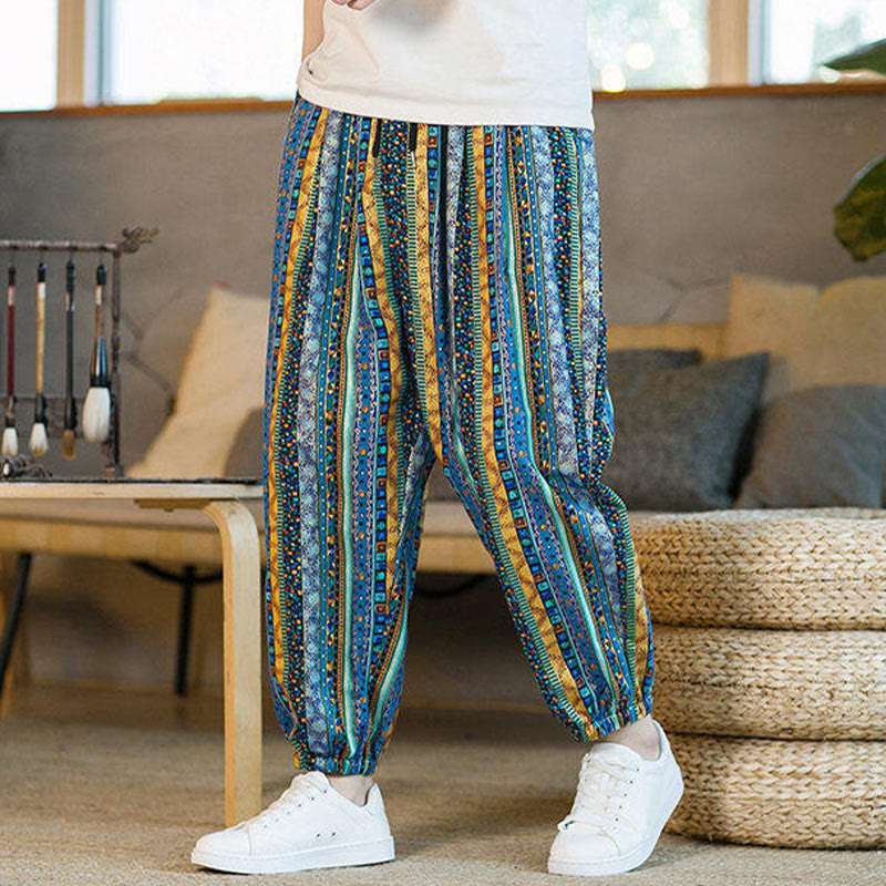 Buddha Stones Colorful Stripes Cotton Linen Men's Ankle-Length Harem Pants With Pockets - image 5