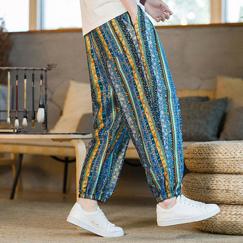 Buddha Stones Colorful Stripes Cotton Linen Men's Ankle-Length Harem Pants With Pockets - image 7