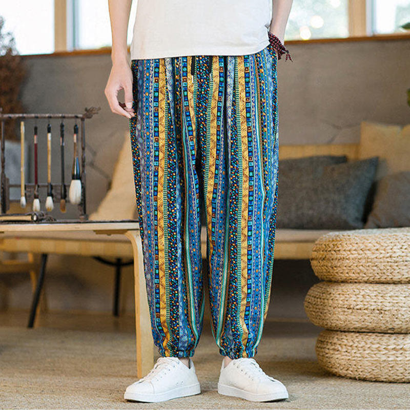 Buddha Stones Colorful Stripes Cotton Linen Men's Ankle-Length Harem Pants With Pockets - image 3