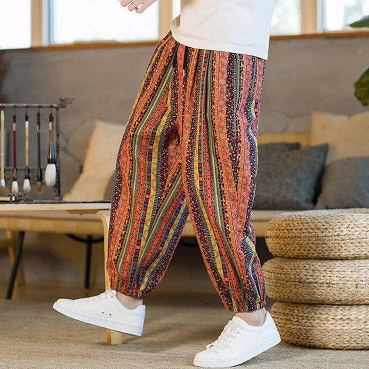Buddha Stones Colorful Stripes Cotton Linen Men's Ankle-Length Harem Pants With Pockets - image 15