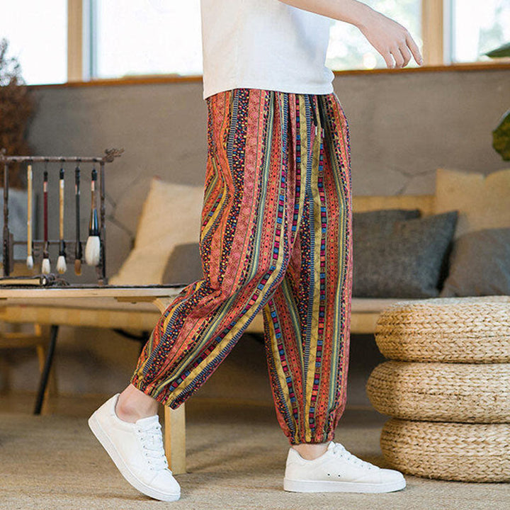 Buddha Stones Colorful Stripes Cotton Linen Men's Ankle-Length Harem Pants With Pockets - image 14