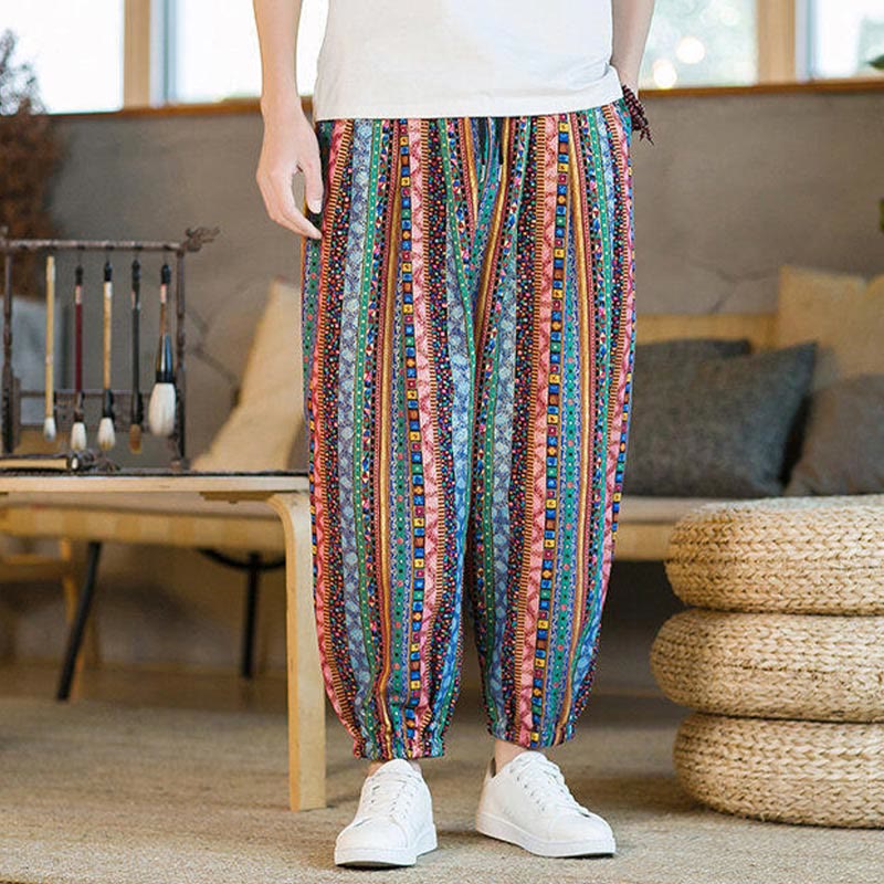 Buddha Stones Colorful Stripes Cotton Linen Men's Ankle-Length Harem Pants With Pockets - image 21
