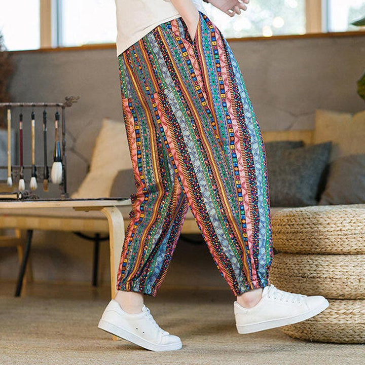 Buddha Stones Colorful Stripes Cotton Linen Men's Ankle-Length Harem Pants With Pockets - image 25