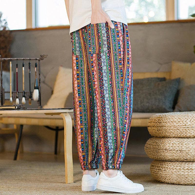Buddha Stones Colorful Stripes Cotton Linen Men's Ankle-Length Harem Pants With Pockets - image 22
