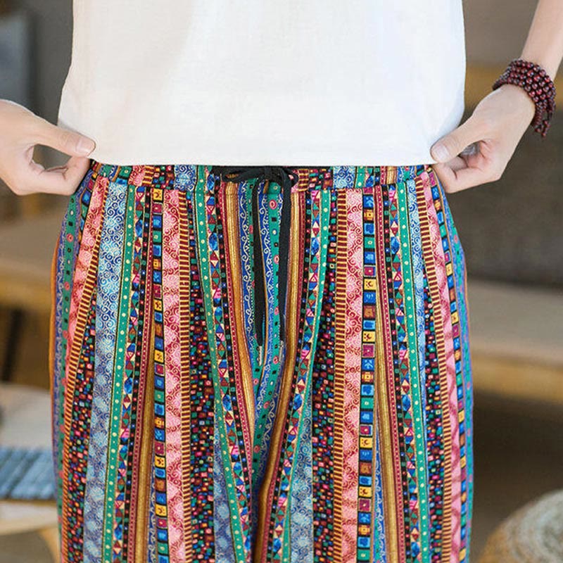 Buddha Stones Colorful Stripes Cotton Linen Men's Ankle-Length Harem Pants With Pockets - image 28