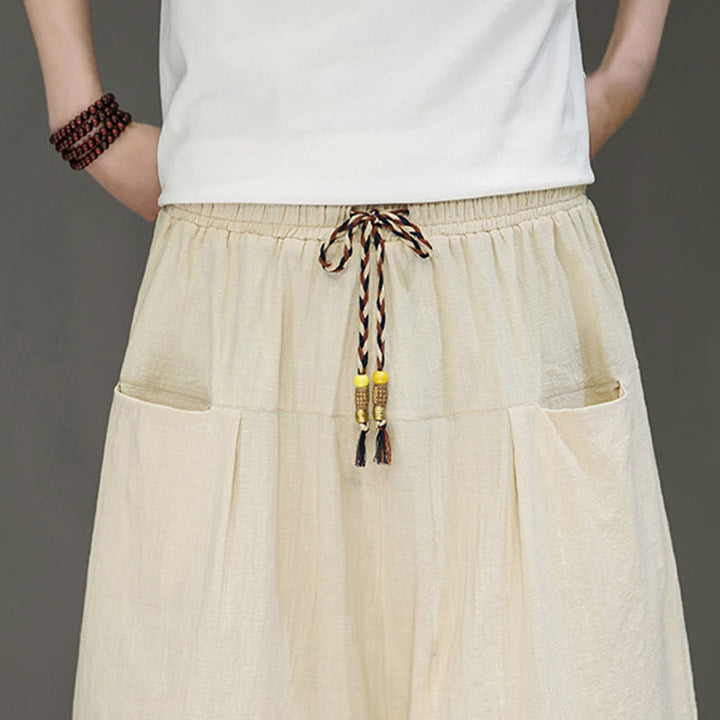 Buddha Stones Casual Drawstring Cotton Linen Men's Capri Harem Pants With Pockets - image 9