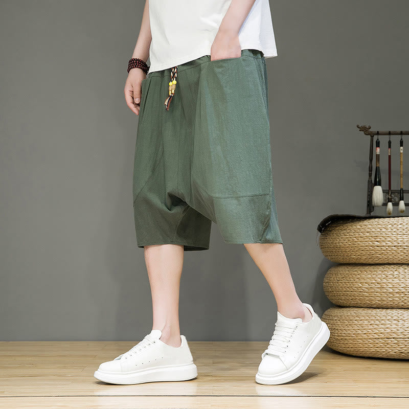 Buddha Stones Casual Drawstring Cotton Linen Men's Capri Harem Pants With Pockets - DarkSeaGreen - US/UK/AU46，EU56 (5XL) - image 20