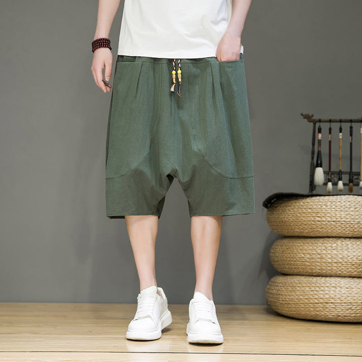 Buddha Stones Casual Drawstring Cotton Linen Men's Capri Harem Pants With Pockets - image 21