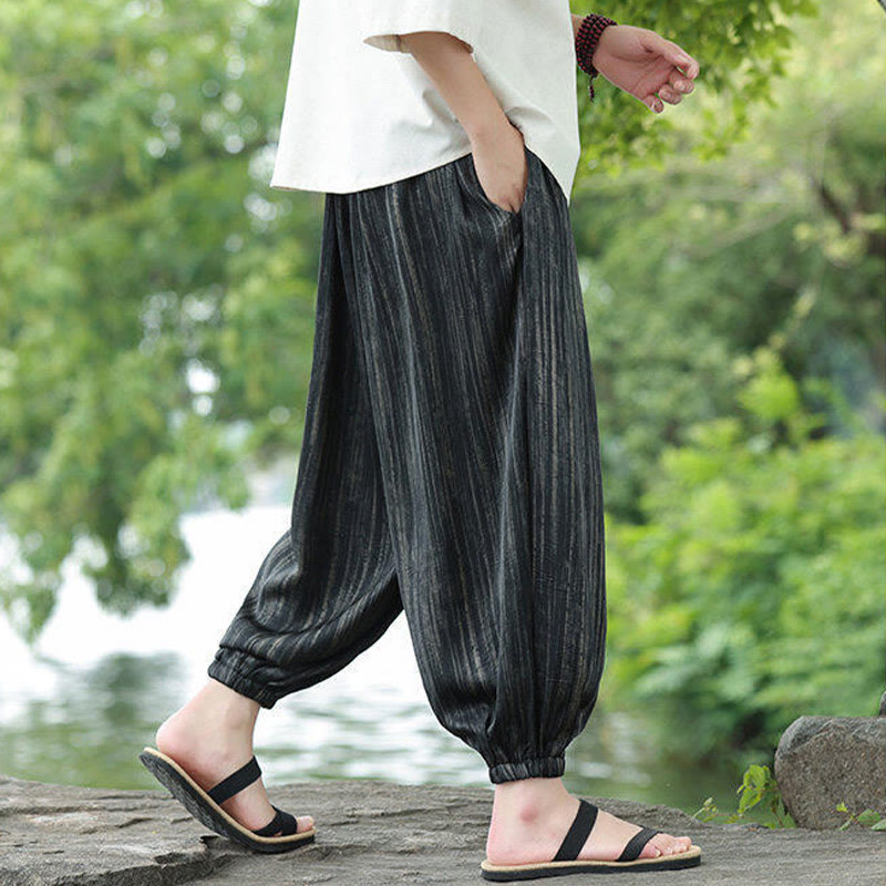 Buddha Stones Summer Black Stripes Drawstring Men's Harem Pants With Pockets - image 3